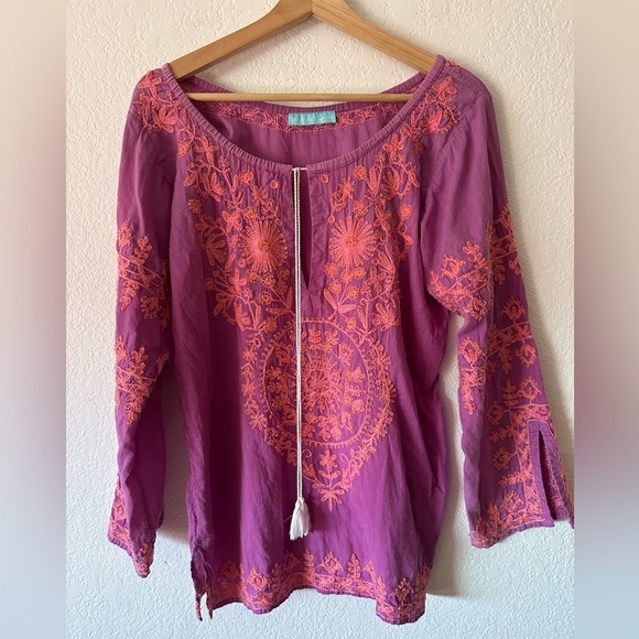 Melissa Odabash Tops - Melissa Odabash Red and Pink Embroidered Bell Sleeve Blouse - One Size